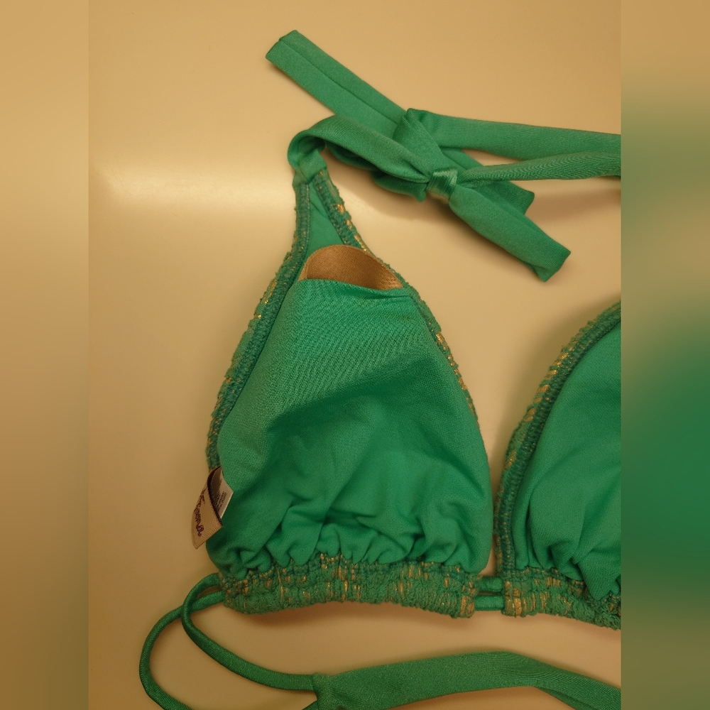 Flaw NWT Gold & Green LULI FAMA Crochet Halter Top DD Tie-Side Bikini SwimSuit M - Picture 12 of 15